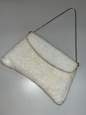Anna Cecere Iridescent Ivory Beaded Evening Clutch with Chain Strap